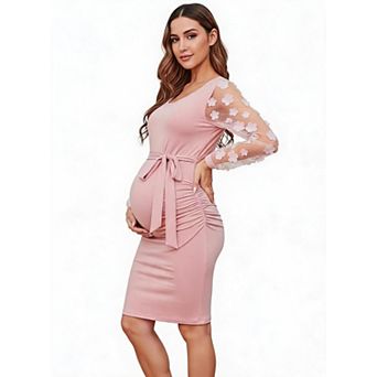 Women Round Neck Maternity Midi Dress Long Sleeve Self Tie Waist Ruched Bodycon Pregnancy Dress