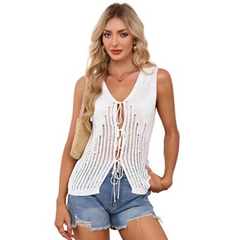 Women V Neck Front Tie Hollow Knit Sleeveless Vest Cover Up Top