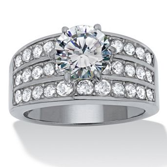 3.18 TCW Round CZ Stainless Steel Three Row Pave Engagement Ring