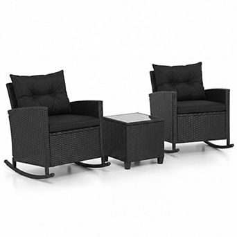 Costway 3 pc Patio Wicker Rocking Set with Tempered Glass Table & Soft Cushions Outdoor