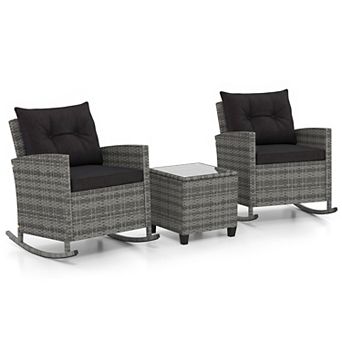 Costway 3 pc Patio Wicker Rocking Set with Tempered Glass Table & Soft Cushions Outdoor