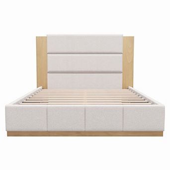Merax Upholstered Platform Bed Frame with Extended Wood Headboard, Modern Bed with Wood Base