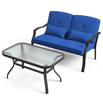 Costway 2 pc Patio Furniture Set Outdoor Loveseat Chair Coffee Table Cushioned Seat