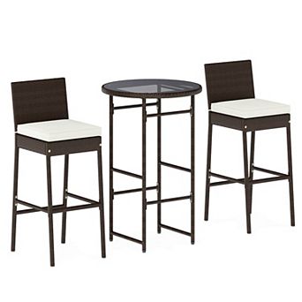 Costway 3 pc Outdoor Bar Set Patio Rattan Bar Height Table & Chairs with Glass Tabletop