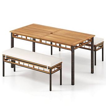 Costway 3 pc Acacia Wood Patio Dining Set with 1.97” Umbrella Hole & Cushions for Garden