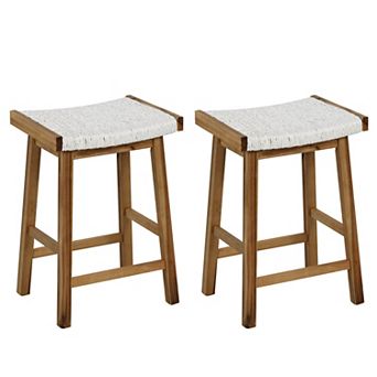 Costway 25.5" Dining Saddle Stool Set of 2 Counter Height Seaweed Woven Seat Solid Wood