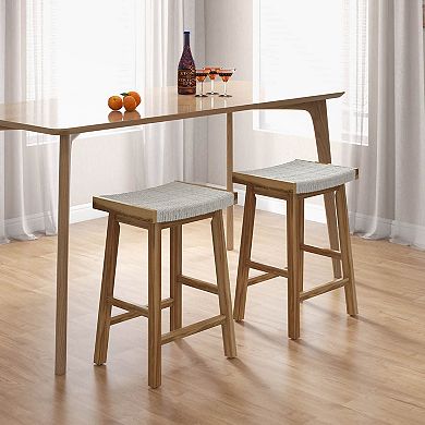 Costway 25.5" Dining Saddle Stool Set of 2 Counter Height Seaweed Woven Seat Solid Wood