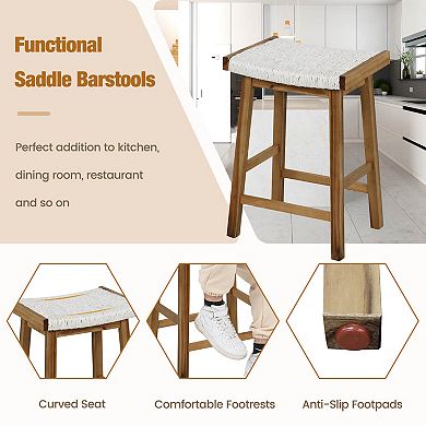 Costway 25.5" Dining Saddle Stool Set of 2 Counter Height Seaweed Woven Seat Solid Wood