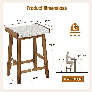Costway 25.5" Dining Saddle Stool Set of 2 Counter Height Seaweed Woven Seat Solid Wood