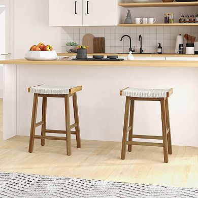 Costway 25.5" Dining Saddle Stool Set of 2 Counter Height Seaweed Woven Seat Solid Wood