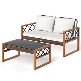 Costway 2 pc Patio PE Wicker Furniture Set Outdoor Acacia Wood Loveseat for Porch
