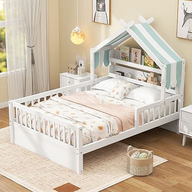 Merax Wooden House Bed with Storage Shelf & Canopy