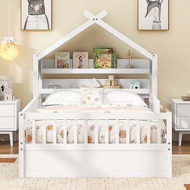 Merax Wooden House Bed with Storage Shelf & Canopy
