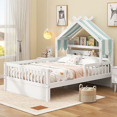 Merax Wooden House Bed with Storage Shelf & Canopy
