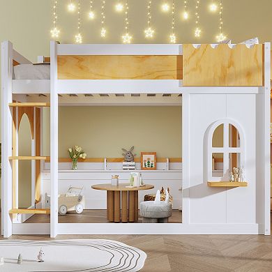 Merax Wooden Bunk Bed with Playhouse & Storage