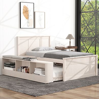 Merax Wooden Platform bed with Pull Out Trundle,Storage Cabinet