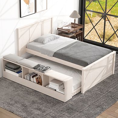 Merax Wooden Platform bed with Pull Out Trundle,Storage Cabinet