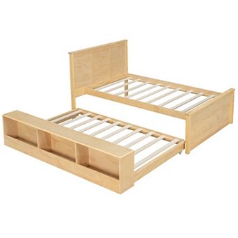 Merax Wooden Platform bed with Pull Out Trundle,Storage Cabinet