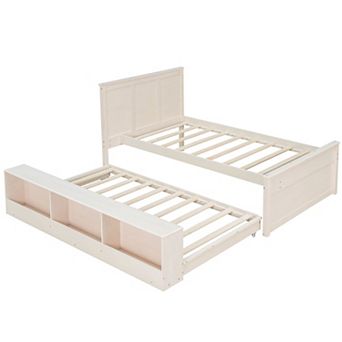 Merax Wooden Platform bed with Pull Out Trundle,Storage Cabinet