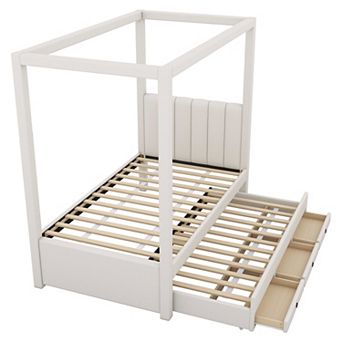 Merax Upholstery Canopy Platform Bed with Trundle and Three Storage Drawers
