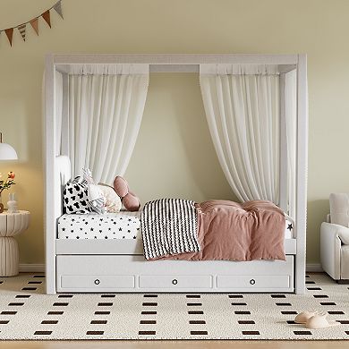 Merax Upholstery Canopy Platform Bed with Trundle and Three Storage Drawers