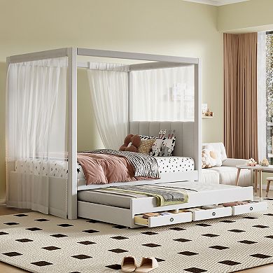 Merax Upholstery Canopy Platform Bed with Trundle and Three Storage Drawers