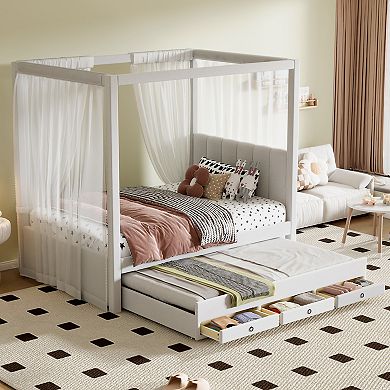Merax Upholstery Canopy Platform Bed with Trundle and Three Storage Drawers