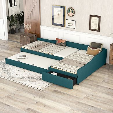Merax Upholstered Double Twin Size Daybed with Trundle and Drawer