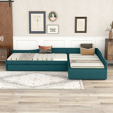 Merax Upholstered Double Twin Size Daybed with Trundle and Drawer
