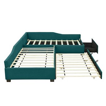 Merax Upholstered Double Twin Size Daybed with Trundle and Drawer