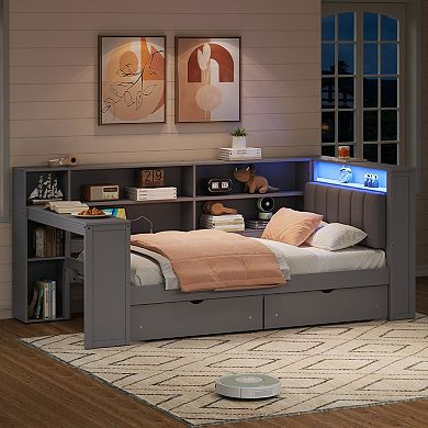 Merax Wood Platform Bed with Upholstered LED Headboard 8 Storage Shelves 2 Under Bed Drawers Chargin