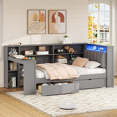 Merax Wood Platform Bed with Upholstered LED Headboard 8 Storage Shelves 2 Under Bed Drawers Chargin