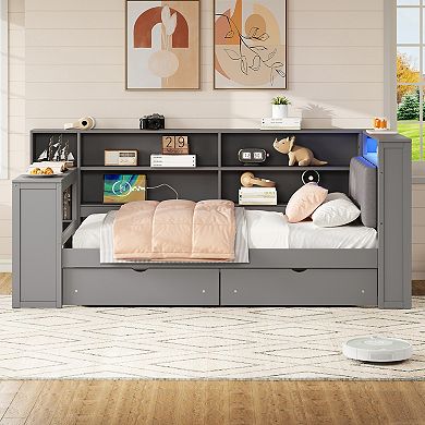 Merax Wood Platform Bed with Upholstered LED Headboard 8 Storage Shelves 2 Under Bed Drawers Chargin