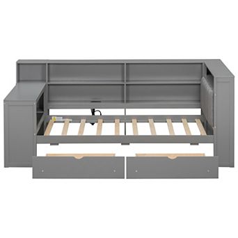Merax Wood Platform Bed with Upholstered LED Headboard 8 Storage Shelves 2 Under Bed Drawers Chargin