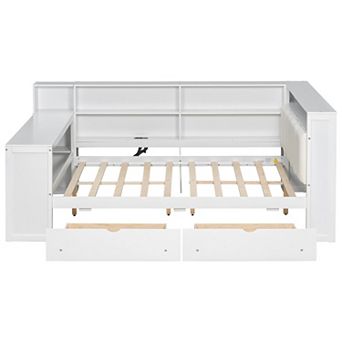 Merax Wood Platform Bed with Upholstered LED Headboard 8 Storage Shelves 2 Under Bed Drawers Chargin