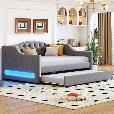 Merax Upholstered Full XL Size Daybed with LED Belt and Trundle