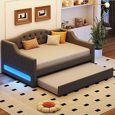 Merax Upholstered Full XL Size Daybed with LED Belt and Trundle