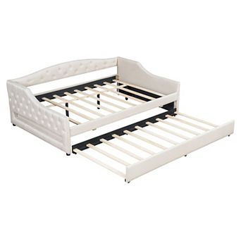 Merax Upholstered Full XL Size Daybed with LED Belt and Trundle