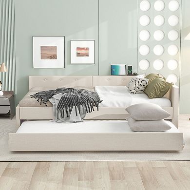 Merax Upholstered Platform Bed with USB and Twin Size Trundle