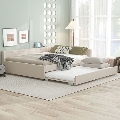 Merax Upholstered Platform Bed with USB and Twin Size Trundle
