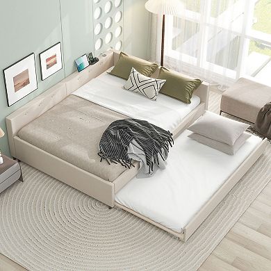 Merax Upholstered Platform Bed with USB and Twin Size Trundle