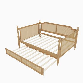 Merax Traditional Style Rattan Full Size Daybed with Full Size Trundle for Limited Space
