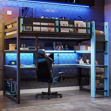 Merax Wood Loft Bed with Desk,Side storage rack,Multi storage Shelves