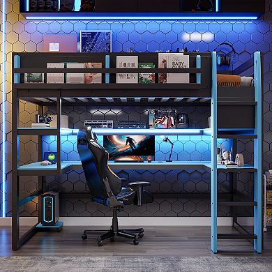 Merax Wood Loft Bed with Desk,Side storage rack,Multi storage Shelves