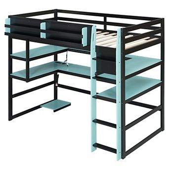 Merax Wood Loft Bed with Desk,Side storage rack,Multi storage Shelves