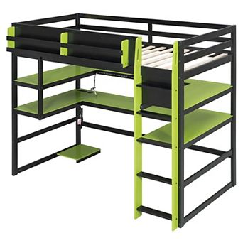 Merax Wood Loft Bed with Desk,Side storage rack,Multi storage Shelves