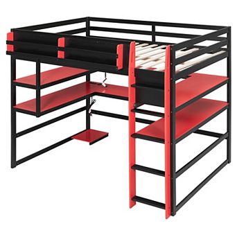 Merax Wood Loft Bed with Desk,Side storage rack,Multi storage Shelves