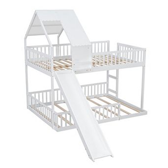 Merax Wood Full XL over Queen Floor House Bunk Bed Frame with Slide & Built in Ladder