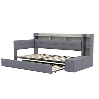 Merax Upholstery Daybed with Storage Footstool and Shelves,with Trundle