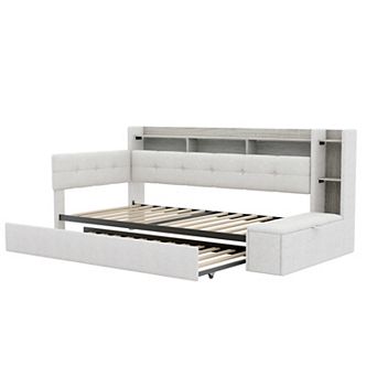 Merax Upholstery Daybed with Storage Footstool and Shelves,with Trundle